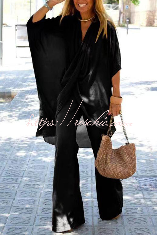V Neck Trumpet Sleeve Top and Pants Two Piece Set