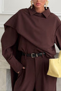 Lapel Scarf Top & Wide Leg Pants Two Piece Set