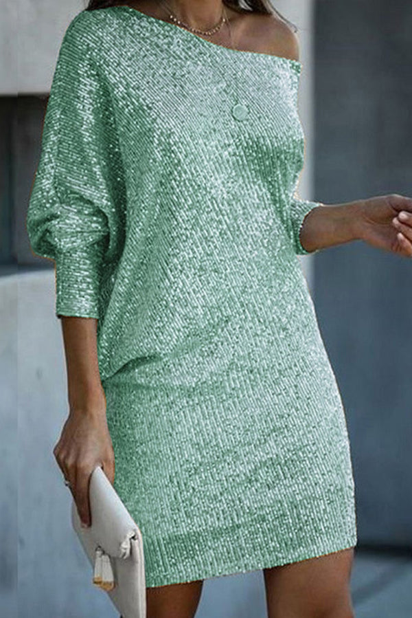 Sequined Off-shoulder Loose Mini Dress