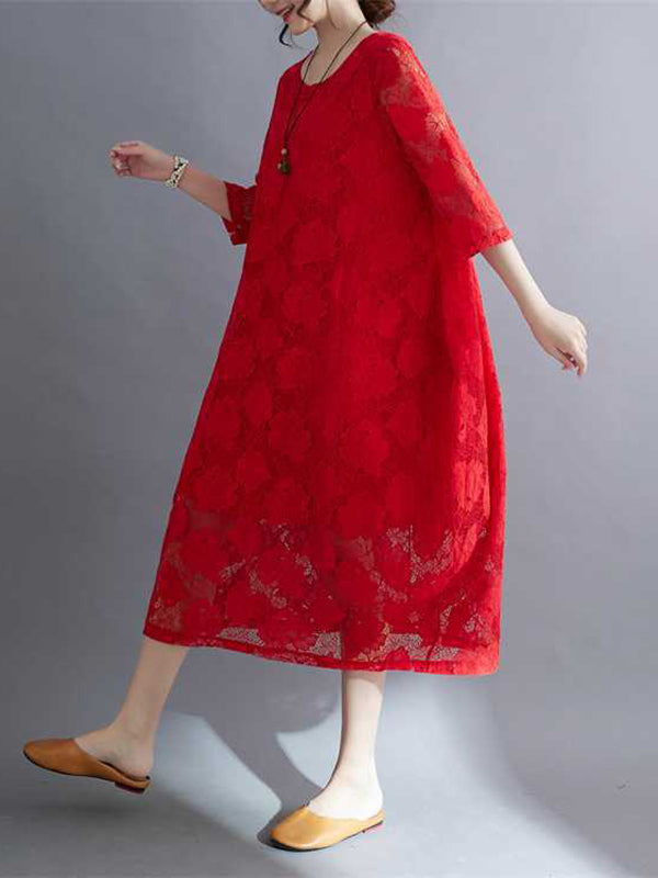 Half Sleeves Loose Hollow Color Round-neck Midi Dresses