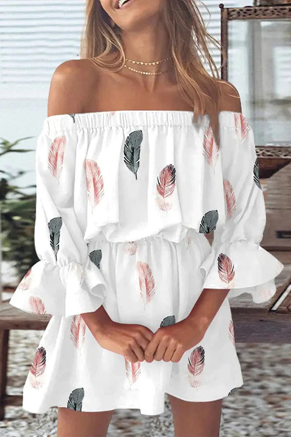 It All Begins With Love Printed Off Shoulder Mini Dress