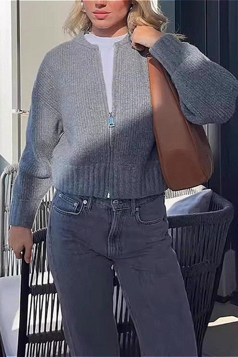 Crew-neck Long-sleeve Zip Knit Cardigan