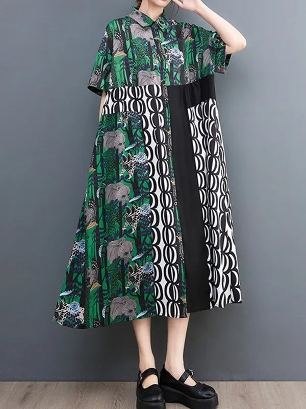 Short Sleeves Loose Printed Split-joint Lapel Midi Dresses Shirt Dress