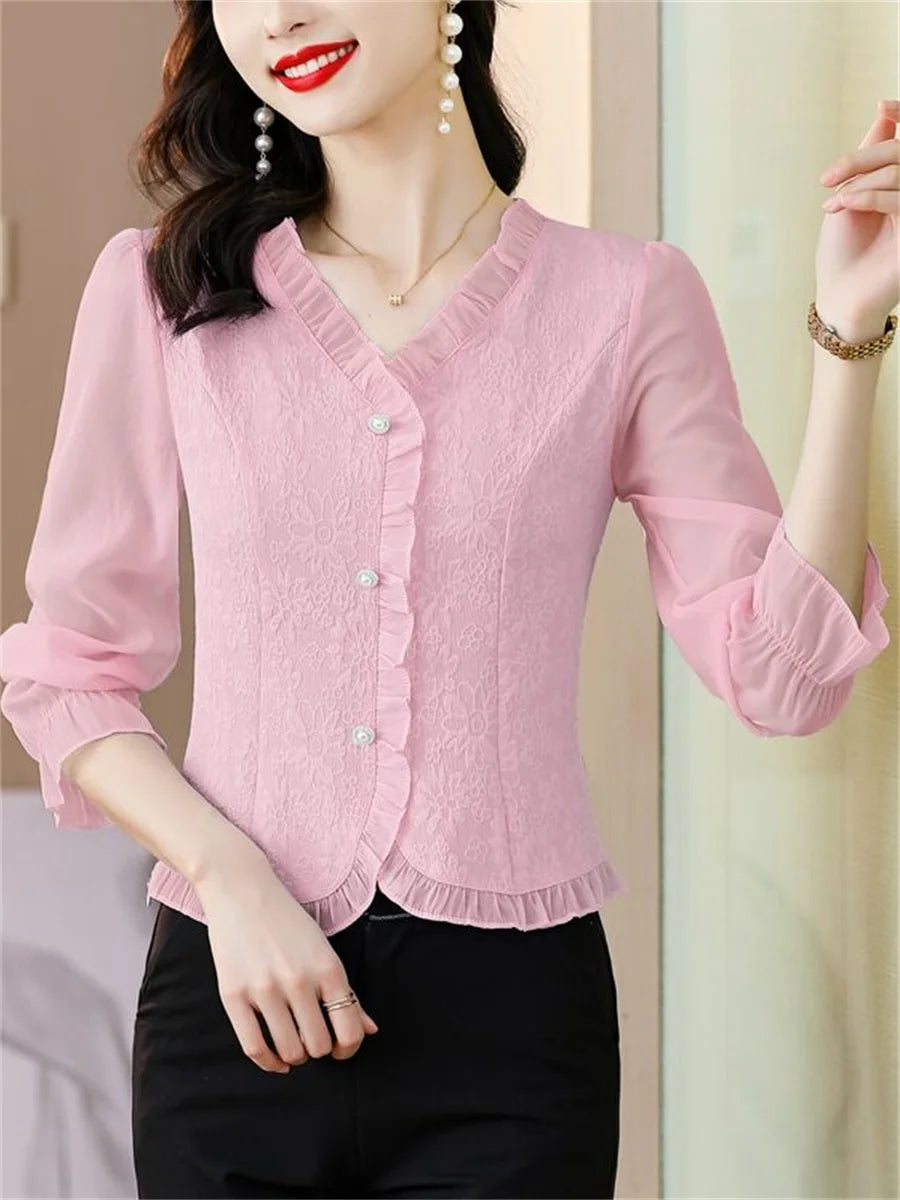 Woman Spring Autumn Style Blouses Shirts Lady Long Sleeve V-neck Color Blusas Tops Df4615