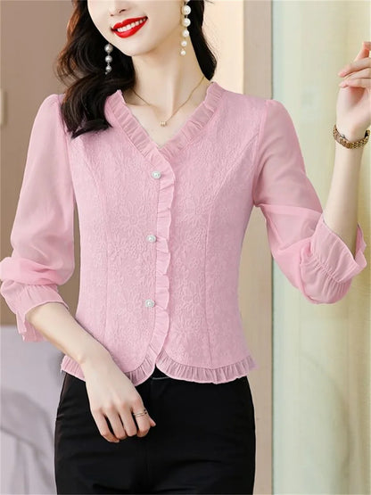 Woman Spring Autumn Style Blouses Shirts Lady Long Sleeve V-neck Color Blusas Tops Df4615