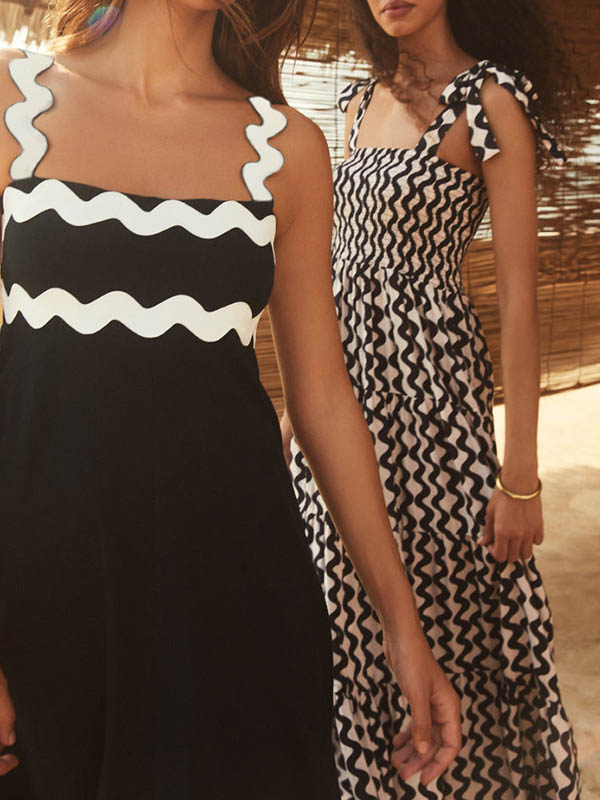 A-line High Waisted Contrast Color Zipper Square-neck Midi Dresses