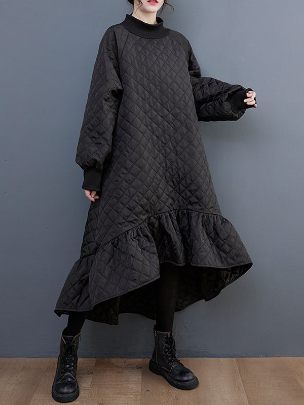 Long Sleeves A-line Rhombic Falbala High-neck Midi Dresses