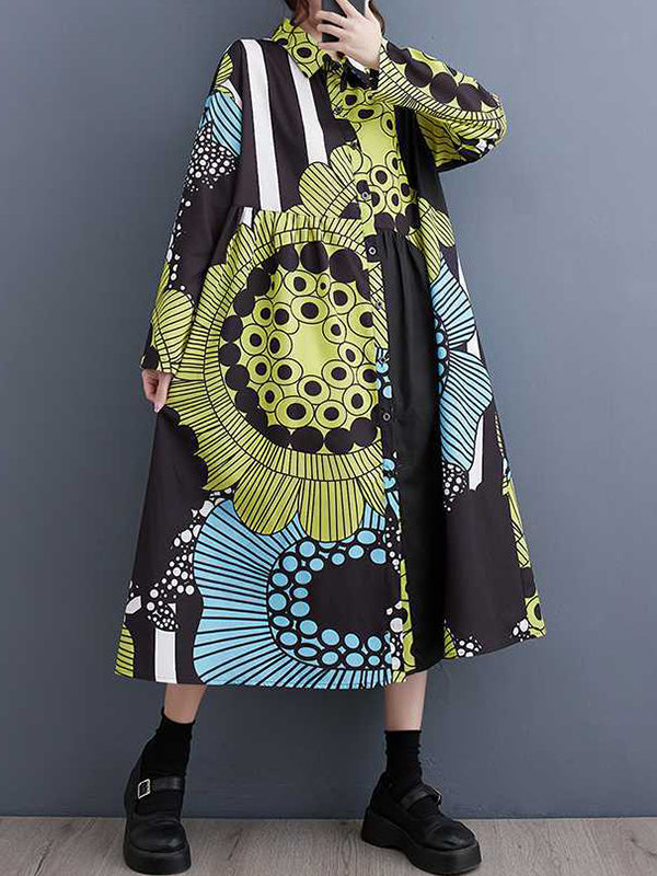 A-line Long Sleeves Asymmetric Buttoned Printed Split-joint Lapel Midi Dresses Shirt Dress