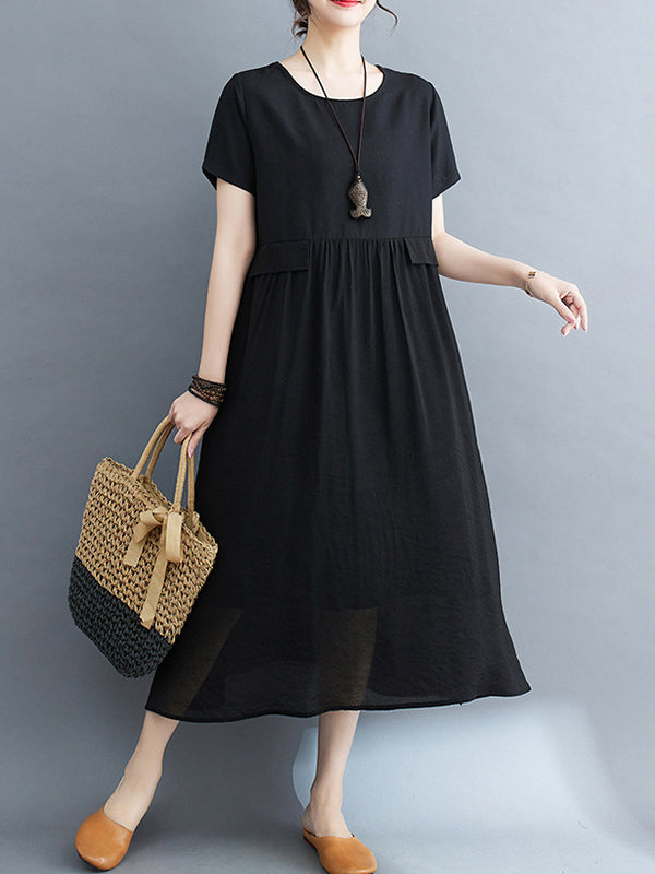 Loose Short Sleeves Gauze Color Split-joint Round-neck Midi Dresses
