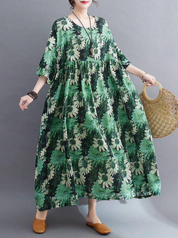 Loose Raglan Sleeve Printed Pleated Split-joint Round-neck Midi Dresses