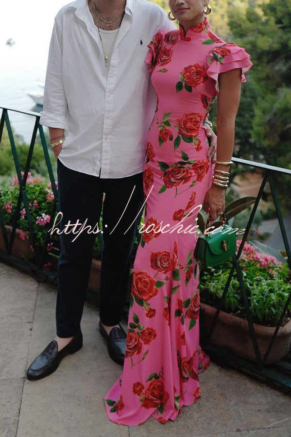 Cheongsam Style Rose Print Tiered Flare Sleeve Stretch Maxi Dress
