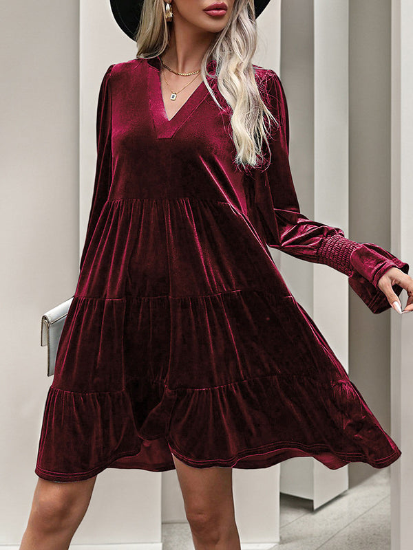 A-line Long Sleeves Pleated Color Velvet V-neck Mini Dresses