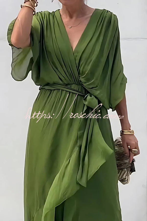 Color V-neck Bat Sleeve Lace-up Irregular Hem Midi Dress