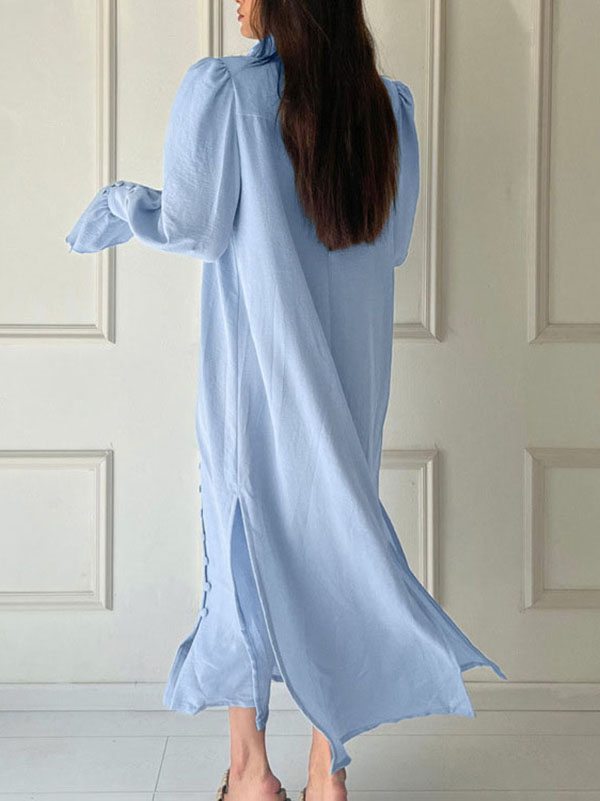 Flared Sleeves Long Sleeves Buttoned Color Split-side Stand Collar Midi Dresses Shirt Dress