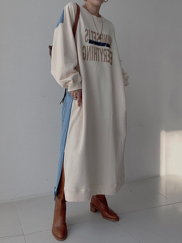 Original Loose Long Sleeves Letter Print Split-side Split-joint Round-neck Midi Dresses