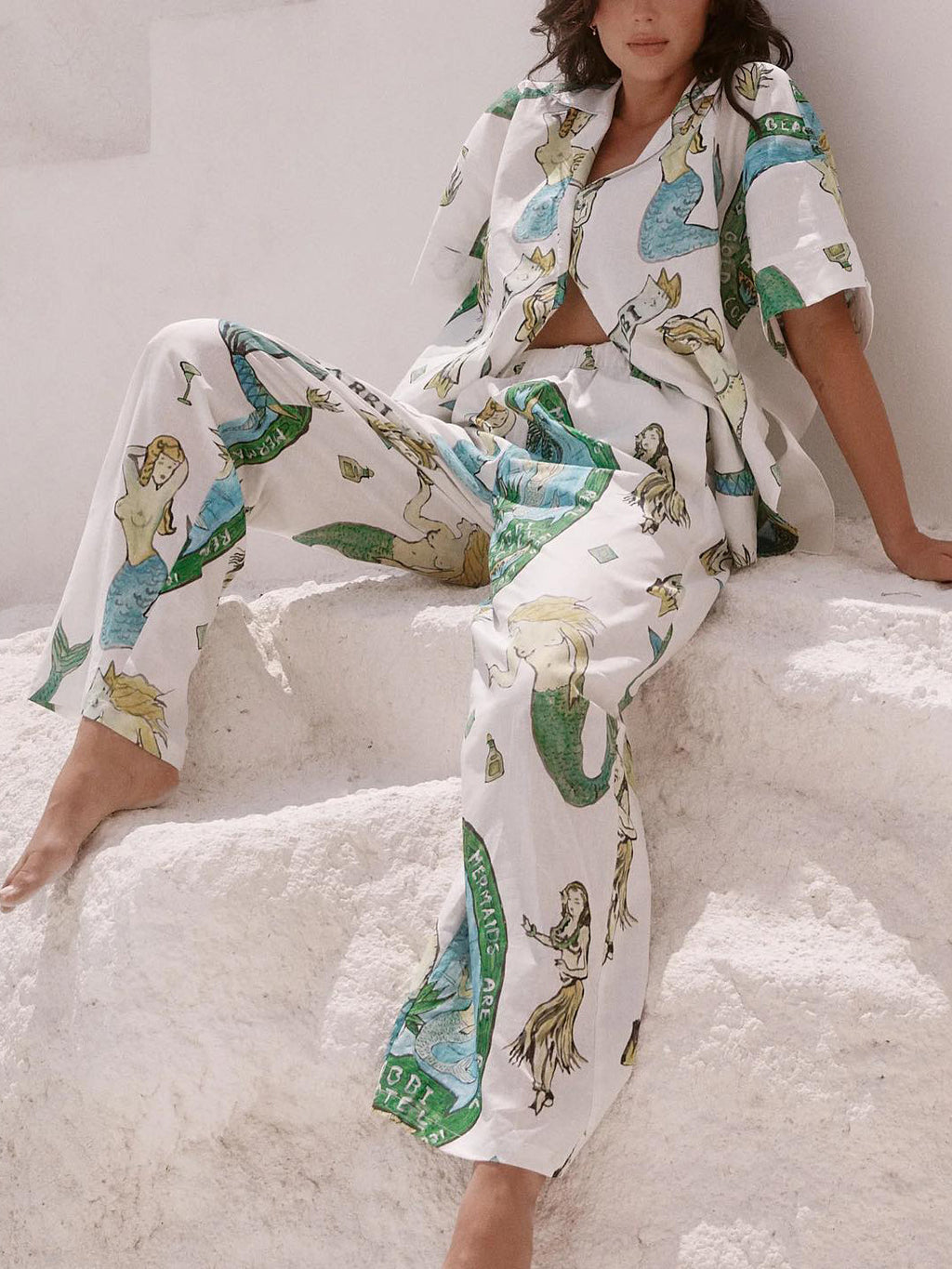Mermaid Print Short-sleeved Shirt and Wide-leg Pants Two-piece Set