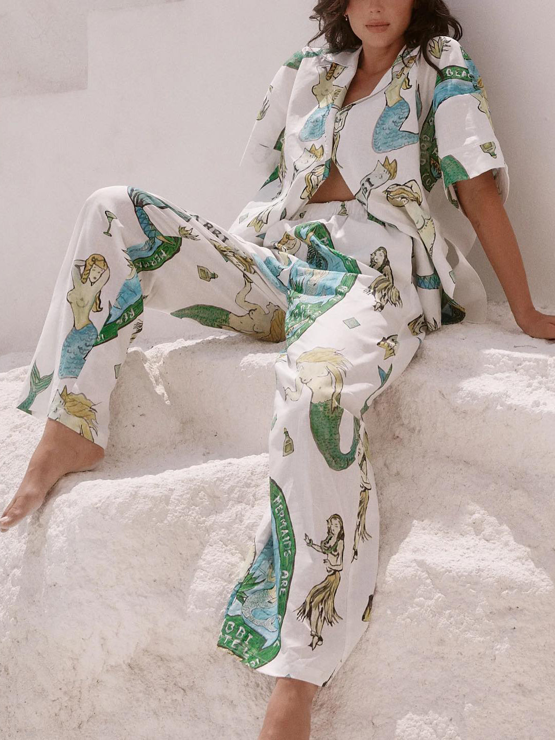 Mermaid Print Short-sleeved Shirt and Wide-leg Pants Two-piece Set