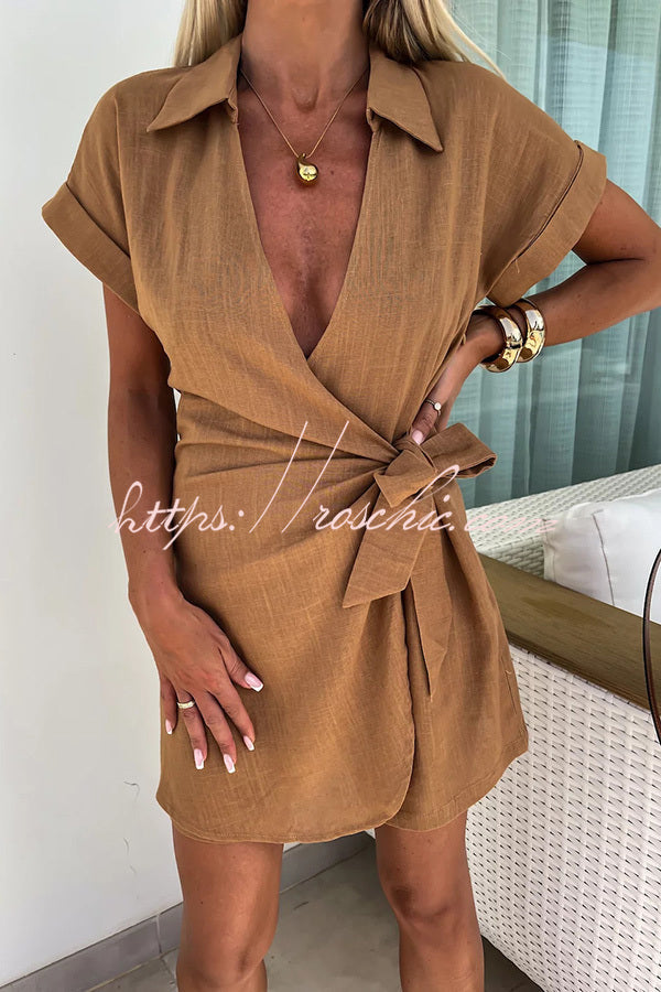 Relaxing Beach Linen Blend Color Wrap Loose Shirt Romper