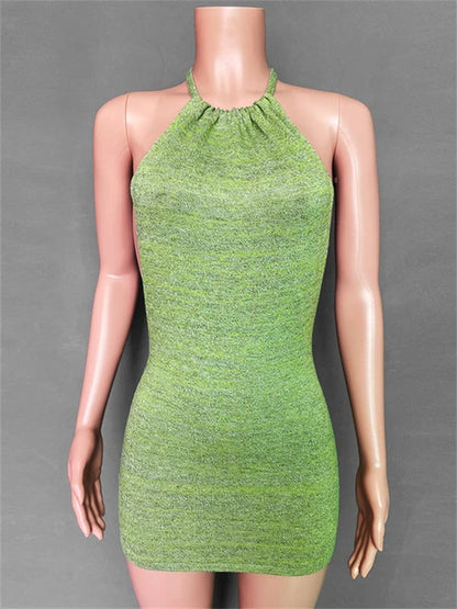 Summer Gradient Backless Knit Dress New Mini Beach Party Halter Dress Holiday Slim Stretch Sweater Dress