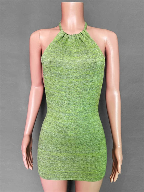 Summer Gradient Backless Knit Dress New Mini Beach Party Halter Dress Holiday Slim Stretch Sweater Dress