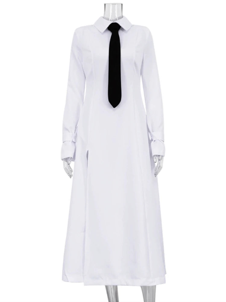 Side Slit Long Dress for White Turn Collar Tie Midi Dresses Femme New Street Loose Slender Dress Woman