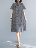 Artistic Retro Printed Stand Collar Short Sleeves Cheongsam Midi Dress