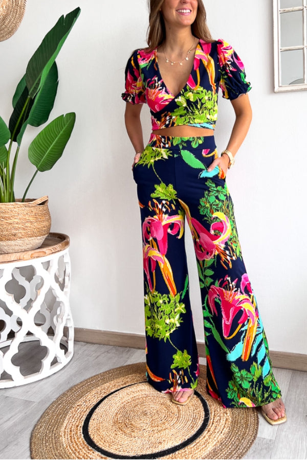 Print V Neck Short Sleeves Crop Top Elastic Waist Wide Leg Pants Set