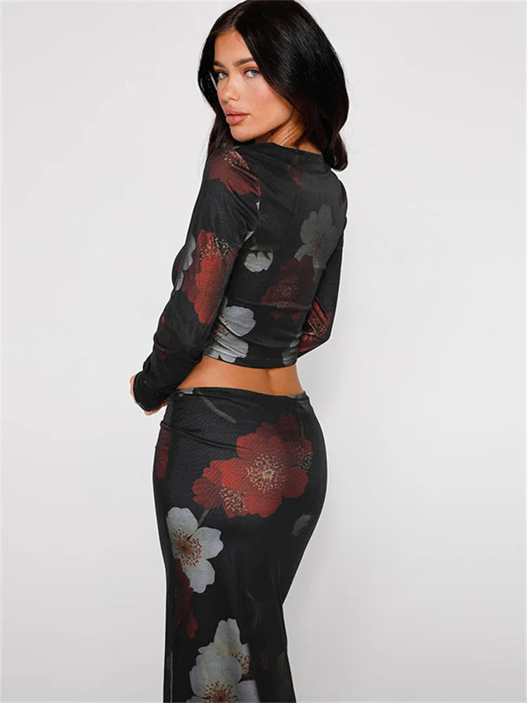 Printed 2 Piece-set Female Patchwork Long Sleeve Crop Top and Maxi Dress Sets Long Skirt Outfits