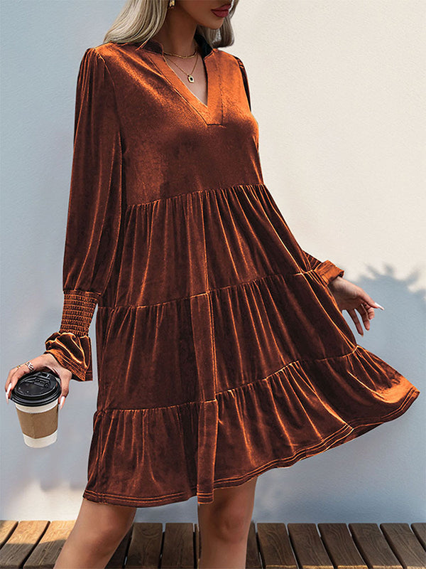 A-line Long Sleeves Pleated Color Velvet V-neck Mini Dresses