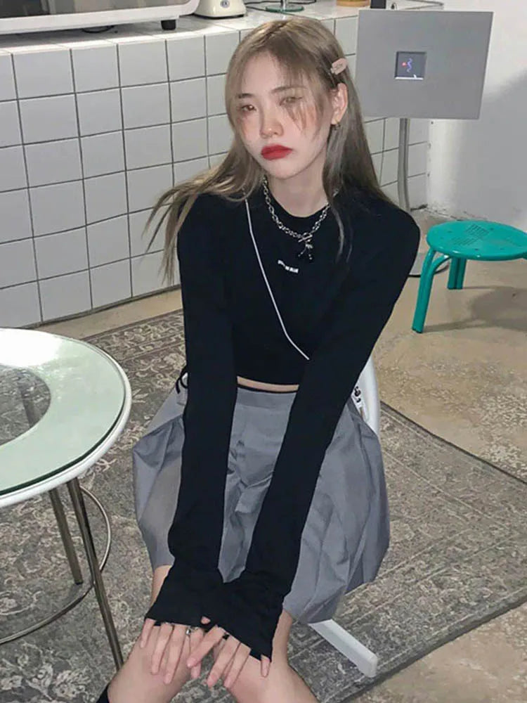 Long Sleeve T-shirts Design Crop Ins Prevalent Bandage Tops Harajuku Ulzzang Street Spring Female Ropa Hot Skinny New