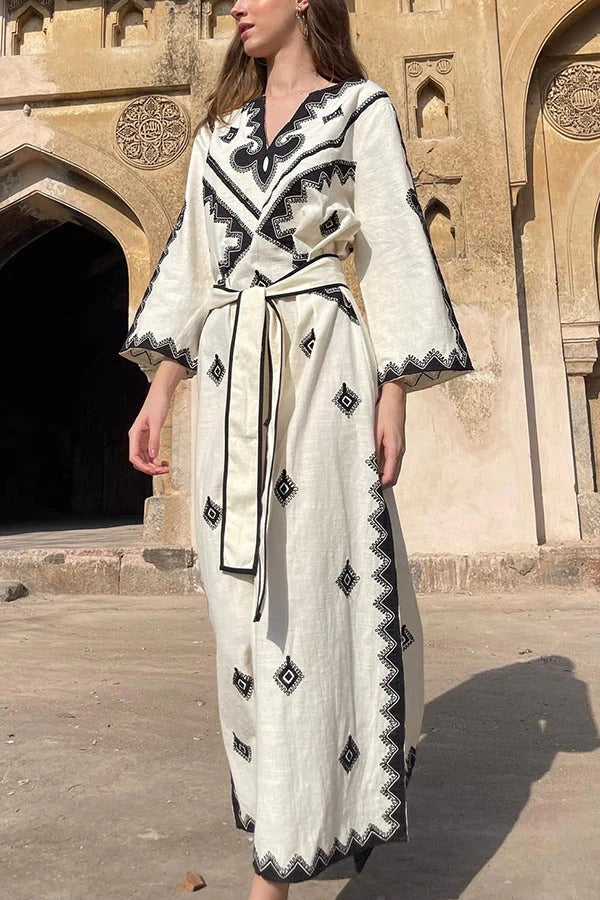 Quiet Atmosphere Linen Blend Print Belted Midi Dress