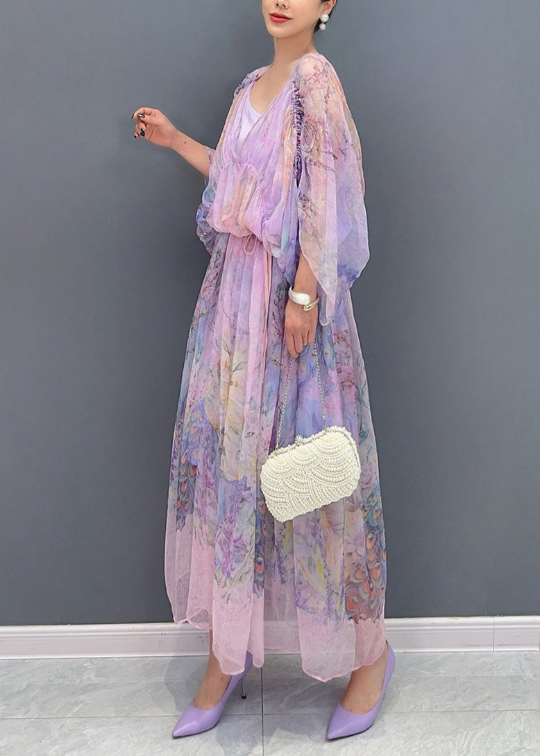 Lavender U Neck Print Patchwork Long Dresses Summer Ao1064