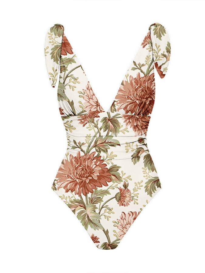 Bowknot Tie-shoulder Print One Piece Swimsuit and Skirt