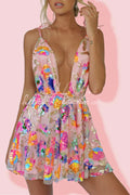 V Neck Open Back Sequined Tie a Line Mini Dress