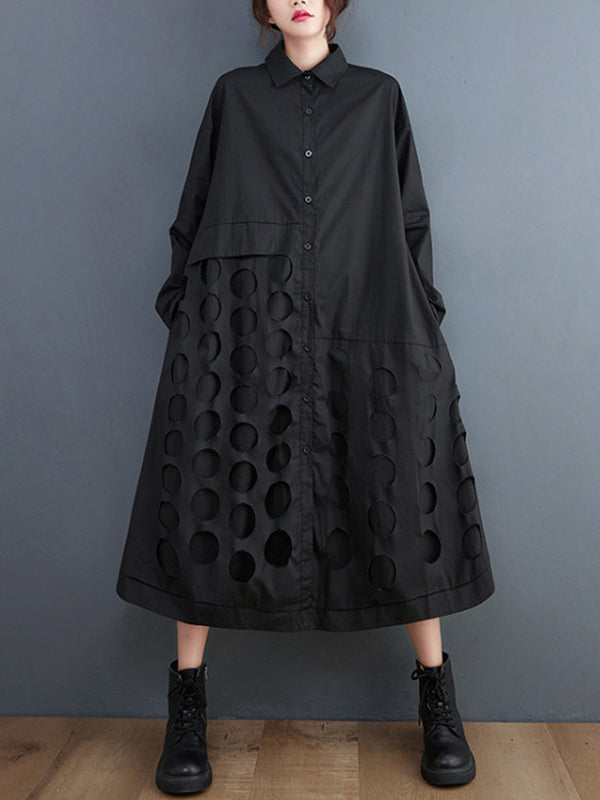 A-line Long Sleeves Asymmetric Hollow Polka-dot Color Lapel Midi Dresses