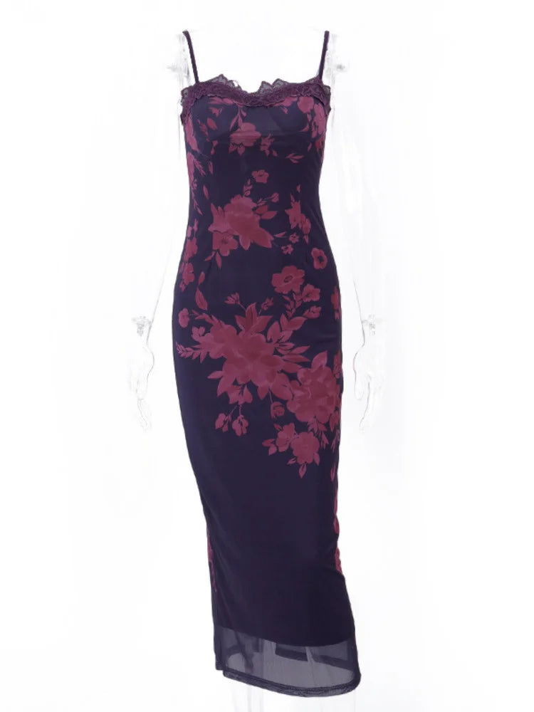 Purple Print Long Fishtail Dress for Robe New Spaghetti Strap Sleeveless Backless Ruched Maxi Dress Vestidos