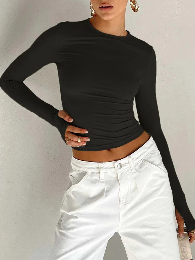 T-shirt Long Sleeve Crew Neck Slim Fit Crop Top With Thumb Holes for Daily Summer Camis