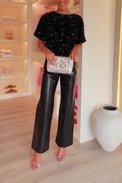 Autumn and Winter Round Neck Velvet Sequined Nightclub Short-sleeved T-shirt Top