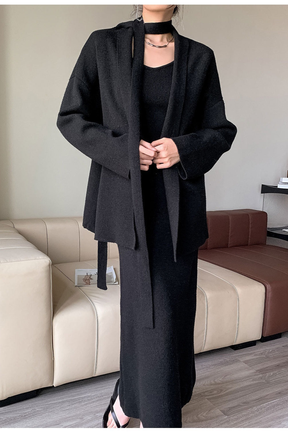Ribbed High-end Knit Cardigan Tank Wide-leg Pants Three Piece Set