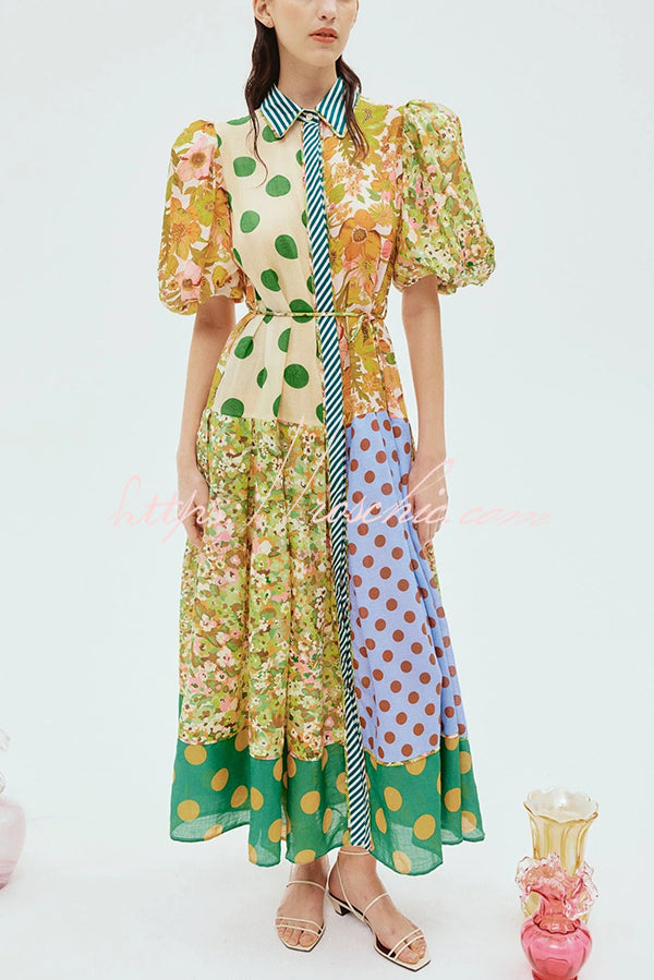 Linen Blend Unique Print Lapel Puff Sleeve Midi Dress