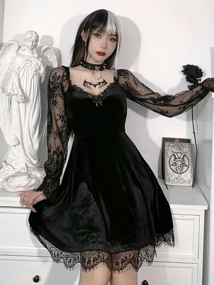 Gothic Lolita Girl Lace Trim Velvet A-line Dress Perspective Long Sleeve V Neck Slim Mini Dress Cosplay Party Costume