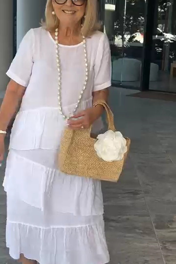 Linen Blend Color Round Neck Loose Midi Dress