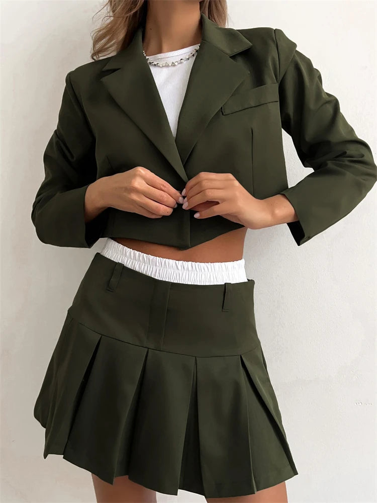 Blazer and Skirt Sets for Two Piece Set Outfits Gray Cropped Coat Blazer Femme 2-piece Sets New