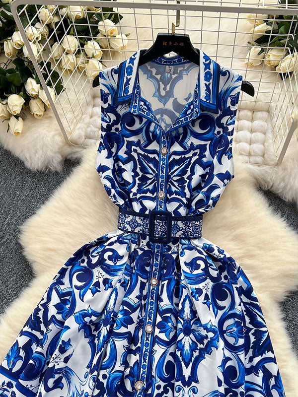 Sleeveless Belt Buckle Buttoned Contrast Color Printed Midi Dresses