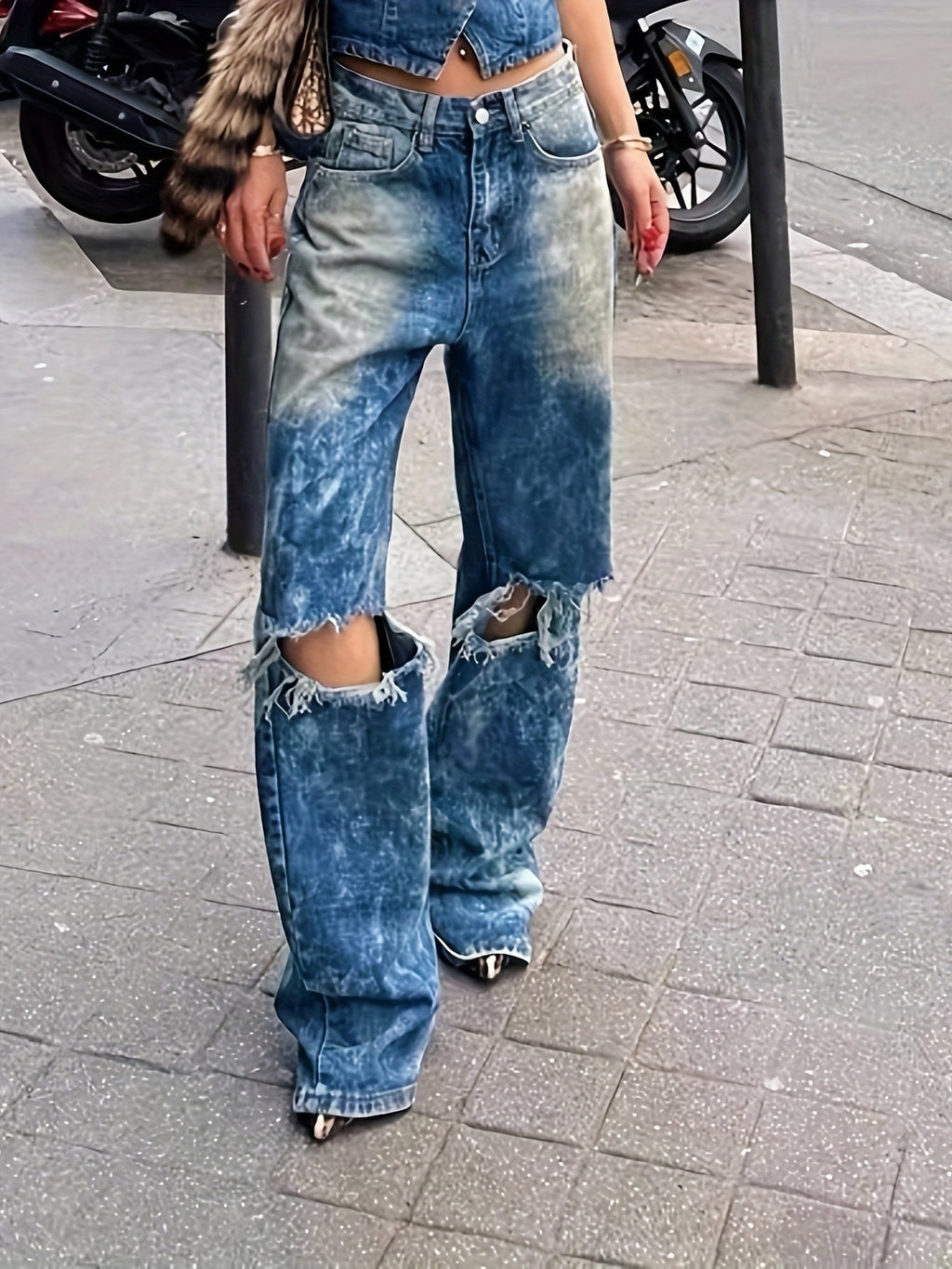 High Waist Slant Pockets Distressed Denim Pants Yh1789