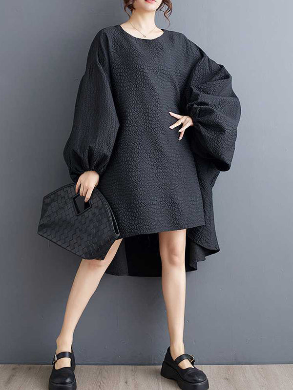 High-low Long Sleeves Elasticity Color Split-joint Round-neck Midi Dresses