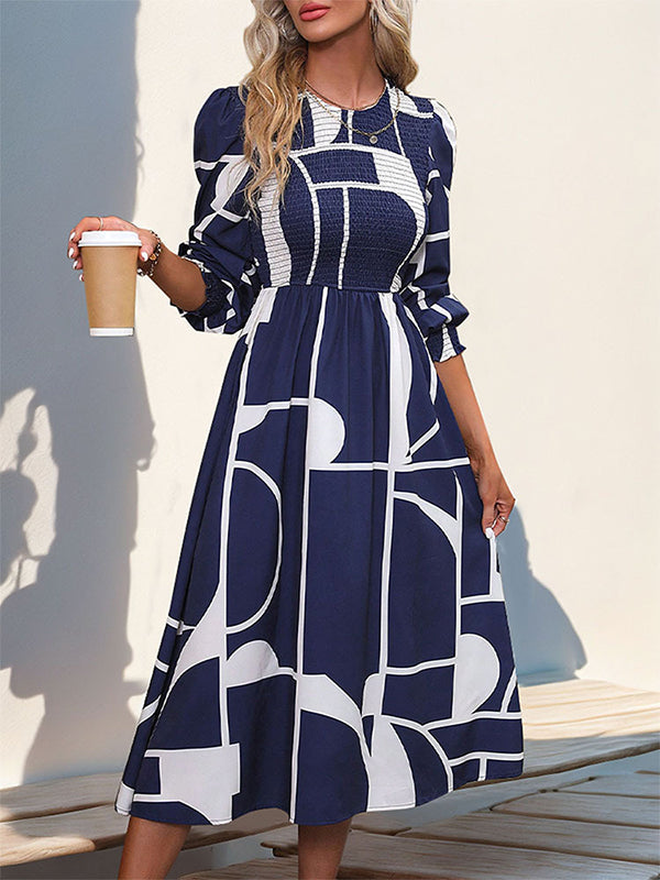 A-line High Waisted Elasticity Printed Split-joint Round-neck Midi Dresses