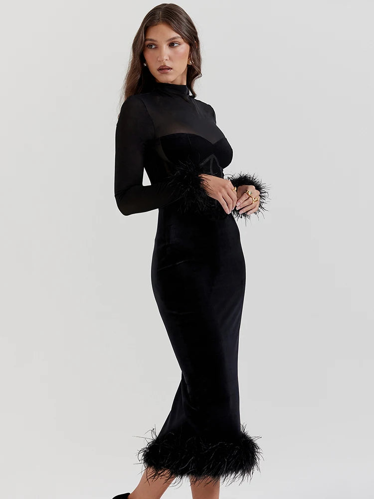 Feather Midi Dress for Black Sheer Long Sleeve Backless Bodycon Club Party Long Dress
