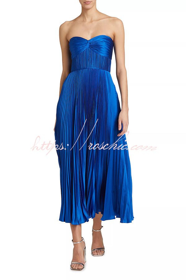 Love Note Satin Sweetheart Twist Off Shoulder Pleated Maxi Dress