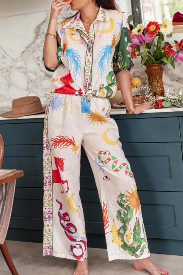 Beauty Unique Print Short Sleeve Loose Shirt and Elastic Waist Pants Set